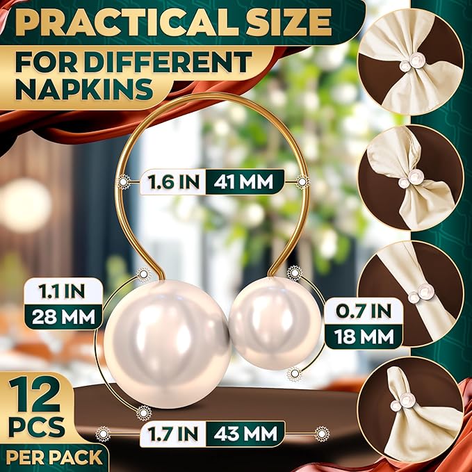 Gold Pearl Napkin Rings Set of 12 – Decorative Napkin Rings | Elegant Table Decor with Faux Pearls | Reusable, Metal & Scratch-Resistant Finish - for Weddings, Banquets, Formal & Anniversary Dinners