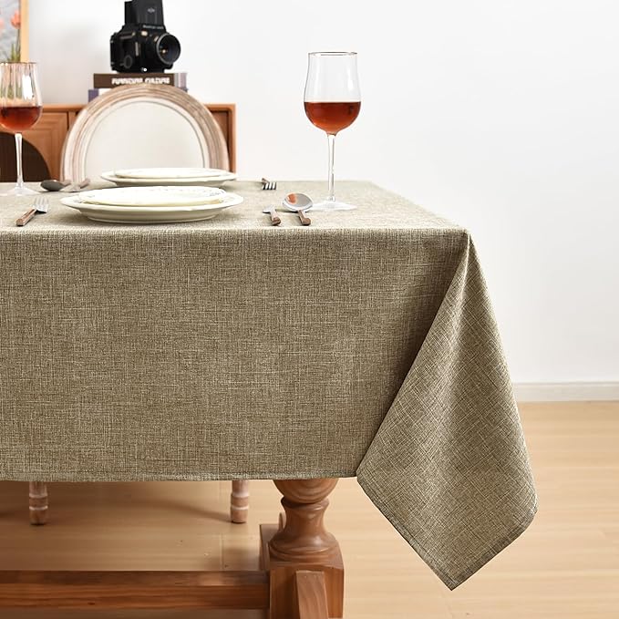 Fitable Faux Linen Table Clothes Rectangle 60 x 144 Inch - 2 Pack Khaki Tablecloths for 10 Foot Tables, Faux Burlap Kitchen Table Covers for Dining, Party, Farmhouse, Banquet, Buffet
