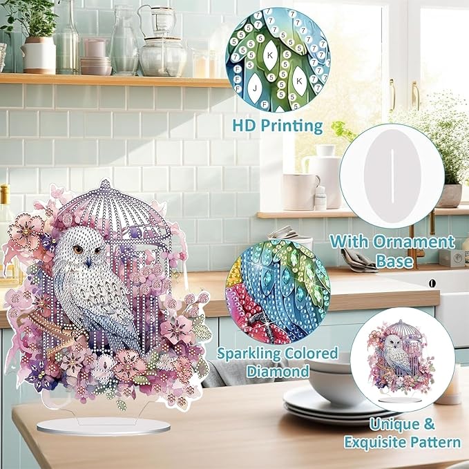 Diamond Painting Kits for Adults Beginners, 5D Full Drill Owl Crystal Art Desktop Ornament, DIY Single Sided Home Office Desk Decor, Creative Craft Gift Set with Tools