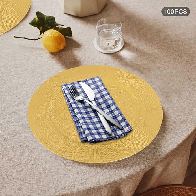 Antique Charger Plates Set 13'' Round Embossed Dinner Plate Chargers Plastic Elegant Floral Plates for Dinner Wedding Party Event Table Kitchen Decoration 100PCS (Customized Gold 100Pcs)