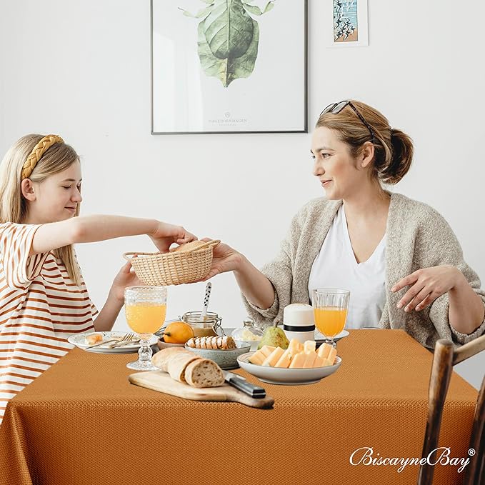 Biscaynebay Fall Tablecloth Textured Fabric Square Tablecloths 70x70 Inch, Bronze Thanksgiving Autumn Harvest Water Resistant Fabric Tablecloths for Kitchen, Dining, Wedding, Parties Machine Washable