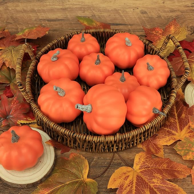 10Pcs Fake Pumpkins Fall Thanksgiving Decorations,Orange Plastic Pumpkins Home Decor, Artificial Mini Pumpkin for Decorating Autumn Harvest Outdoor Indoor Fall Decor Centerpiece Table Decorations