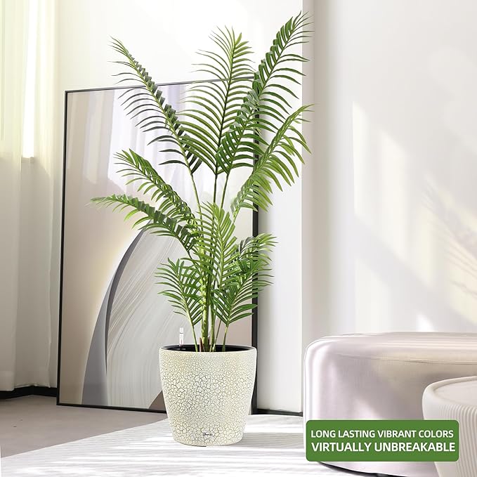 Dexceder 18x17 Self Watering Planter with Wheels Indoor Outdoor, Inner Pot Design, Thickened Large Floor Standing Flower Plant Pot with Water Level Indicator (White Gold Crackle)