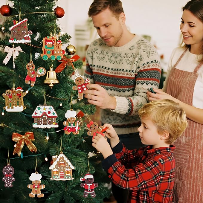 12pcs Gingerbread Man Ornaments for Christmas Tree, Assorted Gingerbread Figurines Decorations with Gingerbreads House Ornaments for Holiday Christmas Tree Home Decor