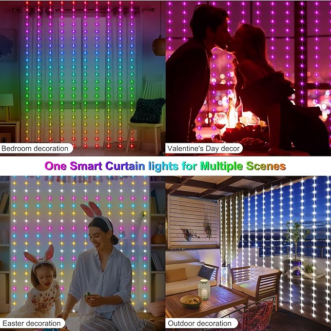 echosari Smart Curtain Lights 6.6 x 9.8Ft 16 Million Colors Changing 300 LED Fairy Curtain Lights DIY Functions with Remote APP Hanging Light for Patio Bedroom Decor