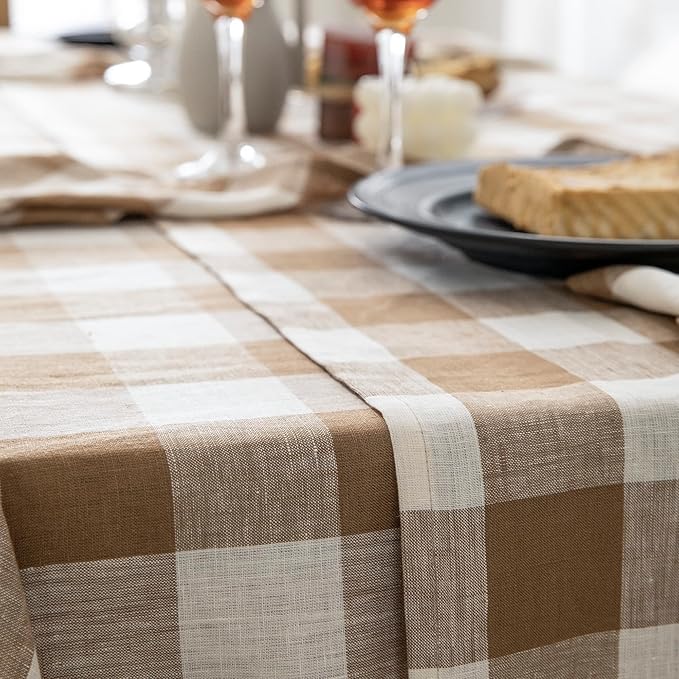 EVERLY 100% Yarn-Dyed Linen Rectangle Tablecloths 60x120Inches for Dining,Buffet Parties,Picnic,Events and Restaurants,Decorative Halloween,Thanksgiving Machine Washable Tablecloths-Brown Plaid