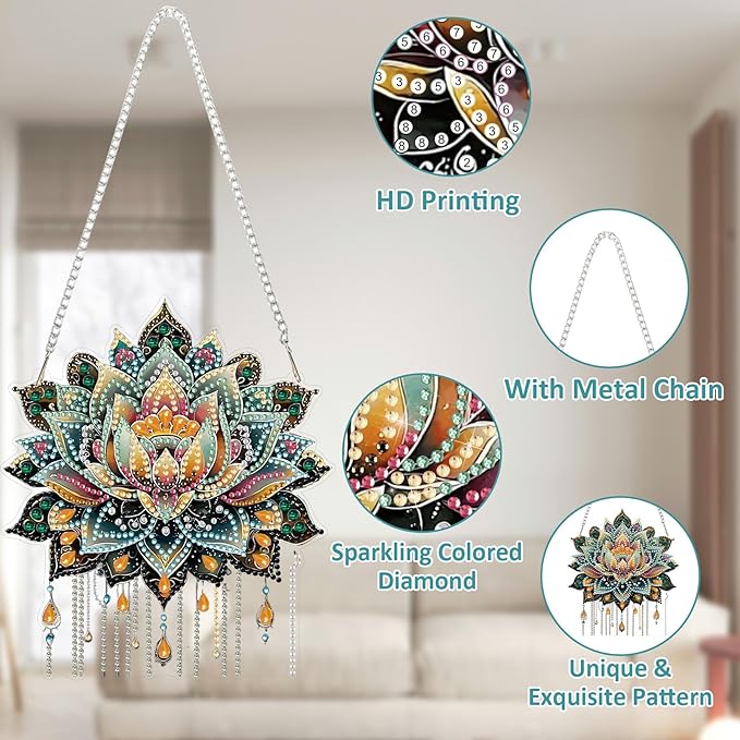 SENQAO Lotus Diamond Art Hanging Kit for Adult, Special Shaped Rhinestone, Double Sided DIY Acrylic Diamond Art Painting Window Pendants Home Garden Wall Hanging Kits Hanging Ornament