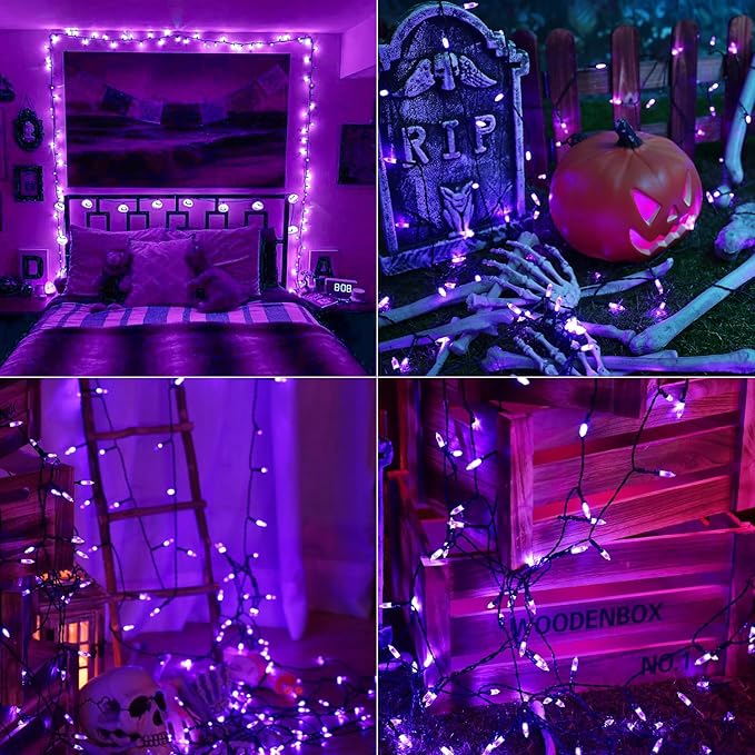 BrizLabs Purple Halloween Lights, 33ft 100 LED Halloween String Lights, 8 Modes Battery String Light with Timer, Indoor Outdoor Battery Purple Tree Light for Party Christmas Tree Bedroom Patio Decor