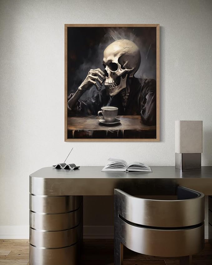 Skull Drinking Coffee Poster Art Print, Halloween Scary Vintage Wall Art Academia Spooky Painting Decoration for Horror Prints, Gothic Posters Bedroom Decor 89 (Skull Drinking Coffee, 8 x 10 inches, Wood Frame)