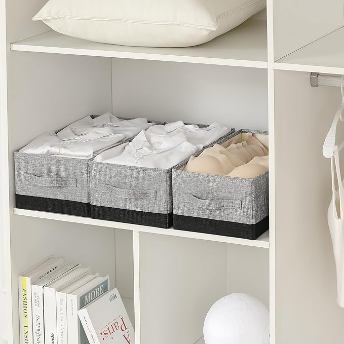 linen closet organizers and storage, 3 Pack Large Storage Baskets, Washable, Clothing Storage Bins with Handle, Closet Organizer for Storage Sweater,Sheets (gray black, 16"x9½"x6¾")