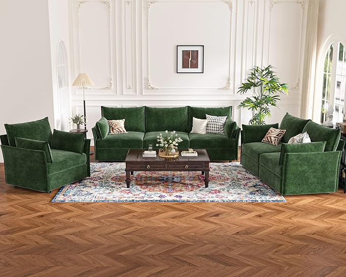 134.6" Modular Sectional Sofa, Oversized 4 Seater Green Couch with Removable Chenille Fabric Cover, Deep Seat & High Backrest for Living Room, Office & Apartment