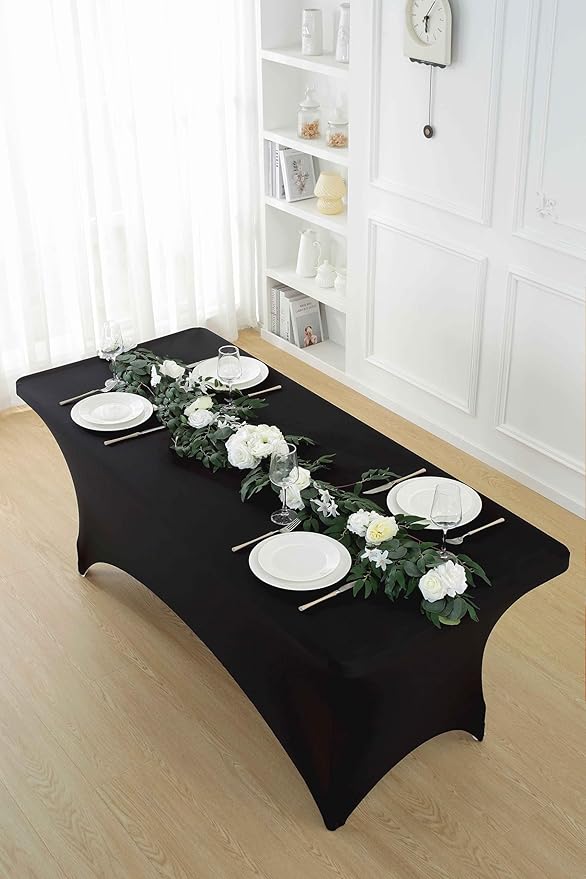 Craft And Party 2 Pack 6ft Black Spandex Tablecloth – Fitted Table Cloths – Stretch Tablecloth Universal Fit for Folding Tables – Wrinkle-Free, Washable – Ideal for Parties, Weddings, Events