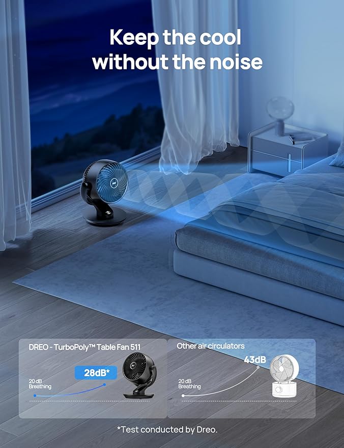 Dreo Fan for Bedroom, 13-Inch Oscillating Table Air Circulator Fan for Whole Room, 120ยฐ Tilt Adjustment, 28dB Ultra-Quiet, 70ft Powerful Airflow, 4 Speeds Desk Fans with Remote for Home, Office