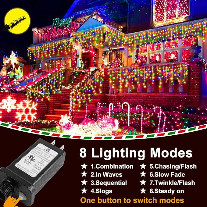 KNONEW 164FT 1600 LED Christmas Lights Outdoor Decoration Multicolor with 320 Drops, 8 Modes Timer Hanging Fairy String Lights Plug in Waterproof Indoor Decor for Holiday Wedding Party Window Garden
