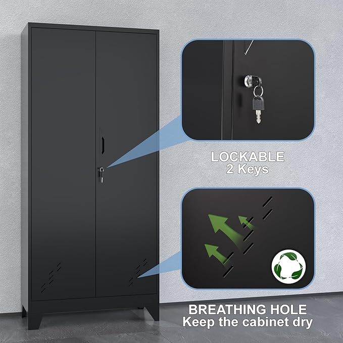 Metal Storage Cabinet with Locking Doors, 61" Tall Garage with Hanging Rod, Broom Closet, Freestanding Bathroom Storage Cabinet, Cleaning Tool,Black