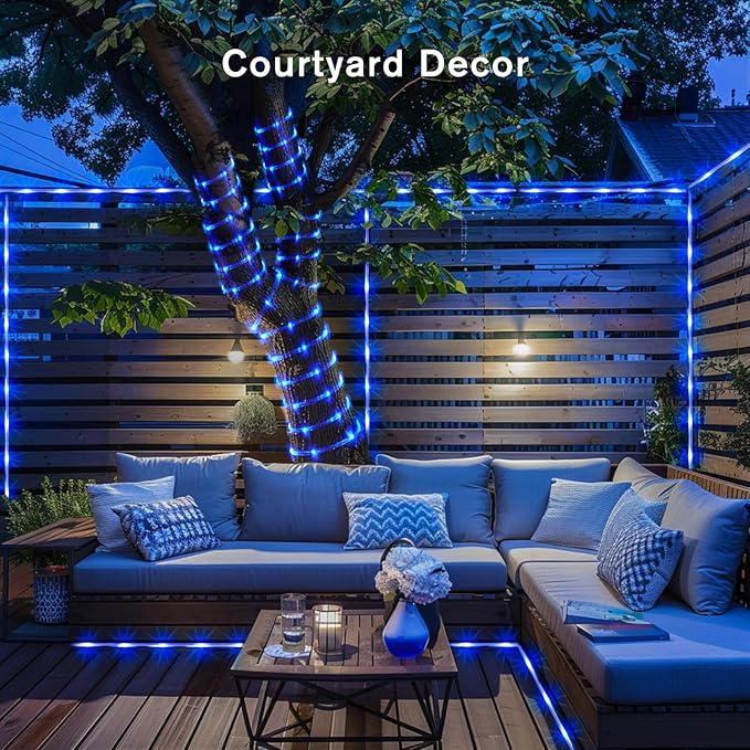 JMEXSUSS 2 Pack 100 LED Solar Rope Lights, IP65 Solar Rope Lights Outdoor Waterproof LED, 33ft 8 Modes PVC Tube Rope Light for Trampoline Xmas Fence Yard Walkway Path Garden(Blue)