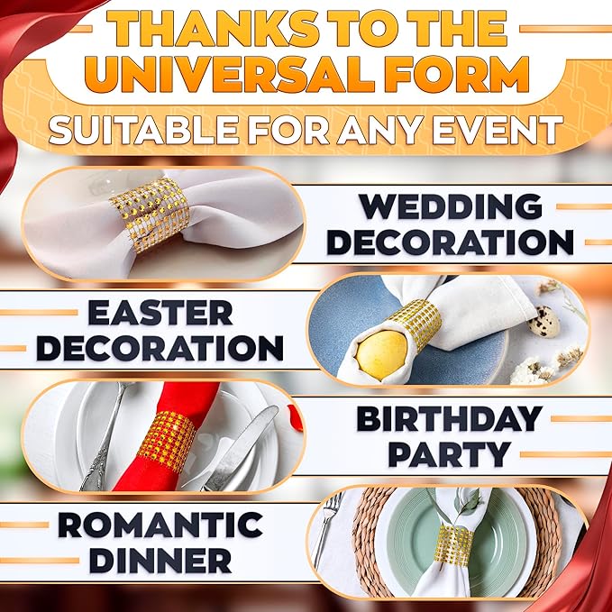 Gold Napkin Rings Set of 100 – Rhinestone Napkin Ring Holders for Weddings, Spring Events, and Table Decorations | Durable, Reusable, and Versatile for Parties, DIY Projects