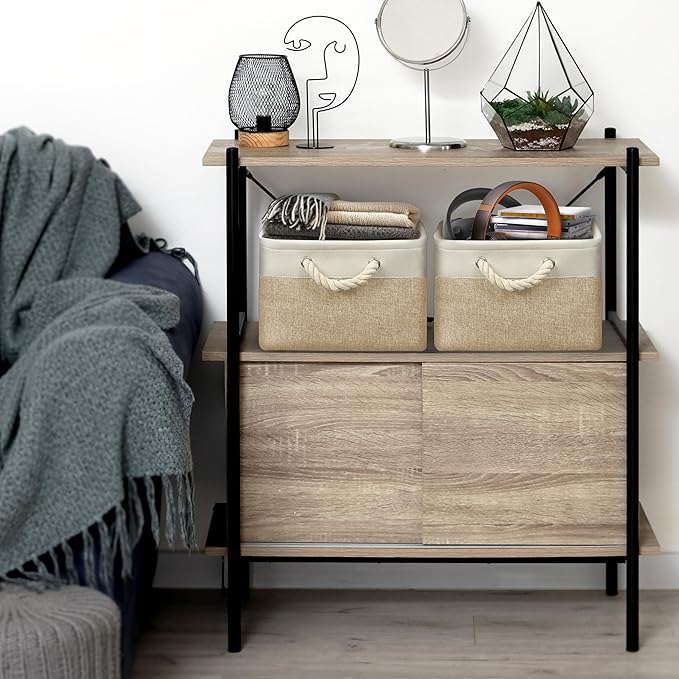 SIMPLE HOUSEWARE Large Fabric Storage Bin, 15.7" x 12" with Braided Handles, 3 Pack, Beige