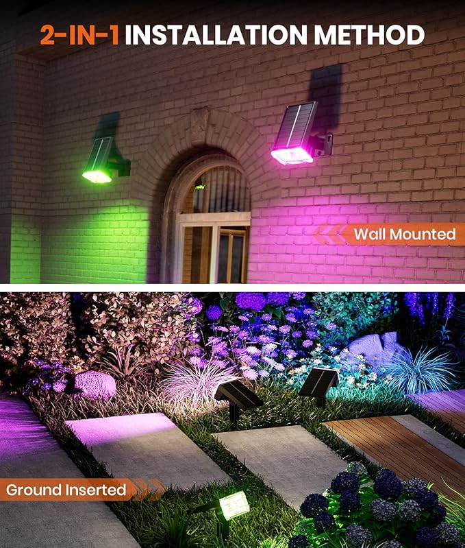 Solar Spot Lights Outdoor 2-Pack Multicolor IP65 Waterproof RGB - 6 Colors, 2 Modes, 105ยฐ Adjustable 58 LED Flood Lights, Solar Powered Spotlights for Yard, Garden, House & Landscape Lighting Outside