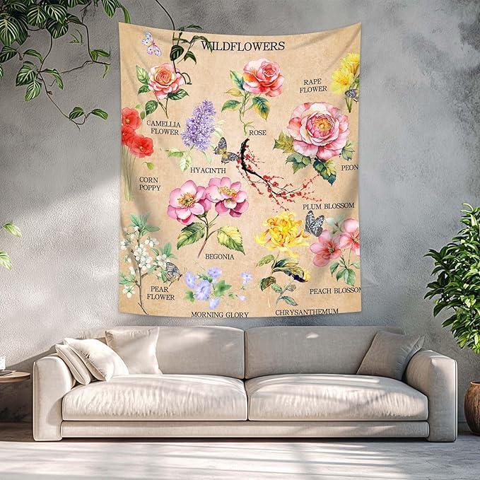 dueeia Vintage Floral Tapestry Wall Hanging Wildflowers Colourful Flower Boho Butterfly Tapestries for Bedroom Aesthetic Living Room Wall Decor (59.1"x51.2")