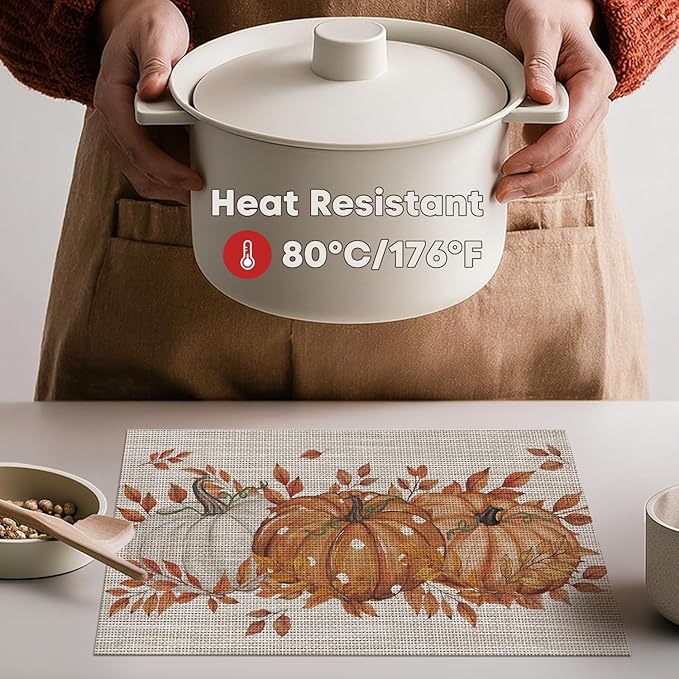 Artoid Mode Pumpkins Leaves Fall Vinyl Placemats Set of 4, Wipeable Colorful Printing PVC Place Mats for Party Kitchen Dining Decor, Beige