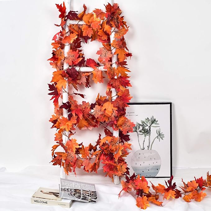 2 Pack Fall Maple Leaf Garland Artificial Maple Garland, Autumn Hanging Fall Leave Vines for Indoor Outdoor Wedding Thanksgiving Dinner Party Decor