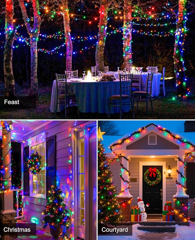 197FT 600 LED Christmas Lights Outdoor, Plug in Christmas Tree Lights 8 Modes, Waterproof Green Wire String Twinkle Lights for Indoor Classroom Garden Patio Party Holiday Decorations, Multicolor