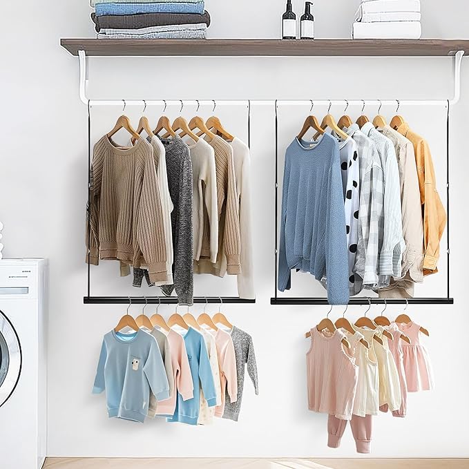 STORAGE MANIAC Hanging Closet Rod, Adjustable Width and Height Closet Hanging Organizer, Space-Saving Clothes Hanging Bar, Closet Extender Hanging Rod Double Closet Hanging Rod, 1 Pack Black