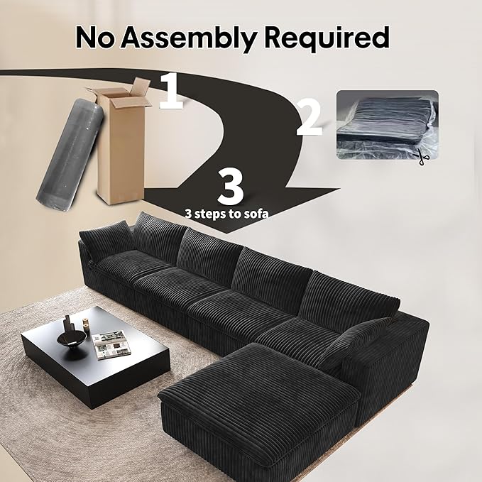157.5" L Shaped Modern Sofa Modular Sectional Cloud Couch with Ottoman,Deep Seat Upholstered Couches with Corduroy Fabric for Living Room Furniture,Bedroom and Apartment,No Assembly Required,Black