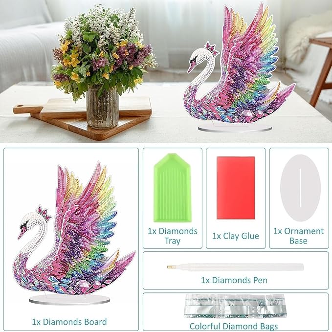 Diamond Painting Kits for Adults Beginners, 5D Full Drill Swan Crystal Art Desktop Ornament, DIY Single Sided Home Office Desk Decor, Creative Craft Gift Set with Tools