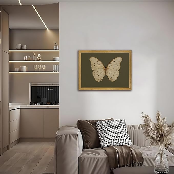 Wood Framed White Butterfly Wall Art, Vintage Butterfly Oil Paintings, Dark Moody Insect Canvas Prints, Boho Sage Green Wall Decor, for Bedroom Kitchen Bathroom Cottagecore Room Decor - 16x24 Inch