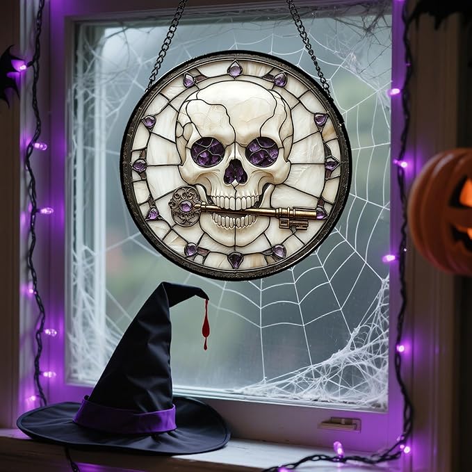 Stained Glass Window Hanging - Halloween Scary Skull Suncatcher for Doors Garden Home Spooky Purple Skeleton Key Sun Catchers Gothic Decor Horror Gifts for Women Men Friend Boy Girl 15 in