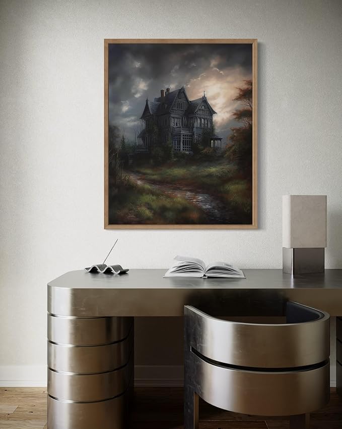 Haunted House Poster Art Print, Halloween Scary Vintage Wall Art Academia Spooky Painting Decoration for Horror Prints, Gothic Posters Bedroom Decor 89 (Haunted House, 8 x 10 inches, Wood Frame)