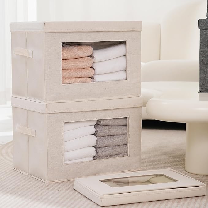 Citylife 3 Pack Storage Bins with Lids, Fabric Foldable Storage Bins with Soft Cord Handles, Canvas Storage Bin with Lid for Organizing Clothes, Blankets and Books, Beige