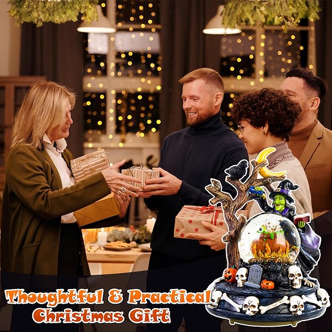 Halloween Snow Globe Lantern with Music - Lighted Witches, Ravens, Pumpkins & Black Cat Glitter Lantern, Witch Black Cat Halloween Decorations Indoor for Spooky Party Home Dรฉcor