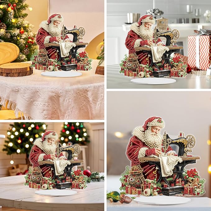 Diamond Art Kits for Adults, Santa Claus with Sewing Machine, Special Shaped Rhinestone Diamond Art Christmas Ornaments, Santa's Domestic, Diamond Painting Desktop Ornament Gem Art Crafts Home Decor