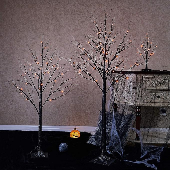 Hairui Lighted Tabletop Black Glittered Spooky Tree with Orange Lights 24 LED 18 Inches for Halloween Witch Decoration Battery Operated or USB Plug in Indoor Use