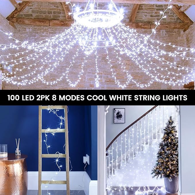 2 Pack String Lights Battery Operated with Timer, 66FT 200 LED Waterproof Battery Twinkle Lights, 8 Modes Fairy Light for Indoor & Outdoor Party Bedroom Garland Tree Christmas Decorations (Cool White)
