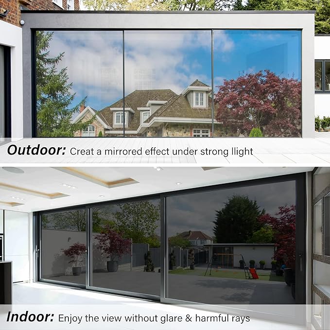 Kromapolis One Way Window Privacy Film Reflective Mirror Home Window Tint, Daytime Privacy Heat Control Anti UV Glass Tinting Static Cling (Black-Silver, 29.5 x 157.4 inch)