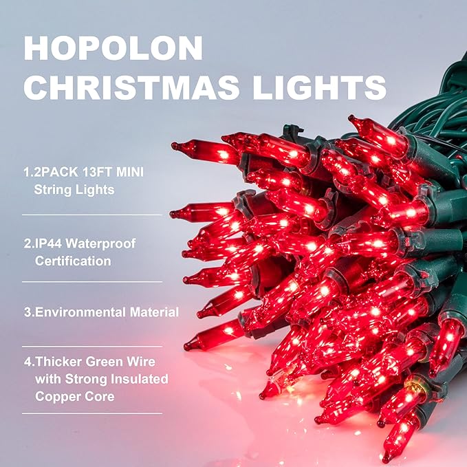 Hopolon 50 Red Christmas Lights, 2PACK Green Wire 13 Feet Long String Lights Set for Outdoor Indoor Dรฉcor, Valentines Day, Wedding, Halloween, Christmas Trees, Holiday Lighting Decor(2pcs Red)