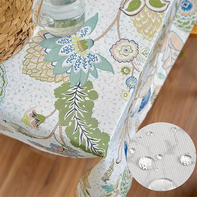 Boho Rectangle Outdoor Tablecloth, Waterproof Spill-Proof Table Cloth, Linen Polyester Floral Decorative Fabric Table Cover for Outdoor, Easter, Party, Dining - 84''x60''