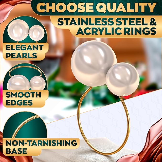 Gold Pearl Napkin Rings Set of 12 – Decorative Napkin Rings | Elegant Table Decor with Faux Pearls | Reusable, Metal & Scratch-Resistant Finish - for Weddings, Banquets, Formal & Anniversary Dinners