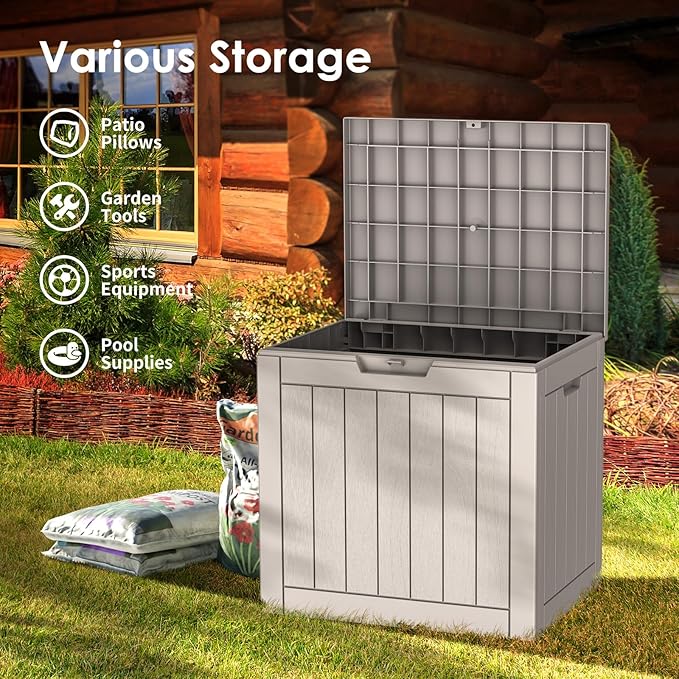Vixzen 30 Gallon Resin Deck Box - Lockable Outdoor Storage for Patio Cushions, Garden Tools, Pool Supplies,Grey