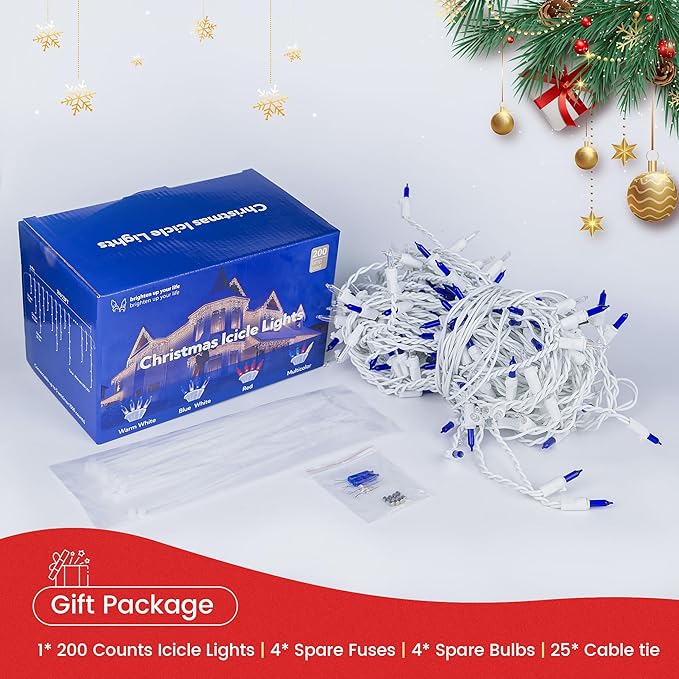 200ct Blue&Clear Mini Icicle Christmas Lights, 23FT White Wire Incandescent Bulb String Lights, Connectable Indoor Outdoor for Eaves, Window, Curtain, Party, Wedding