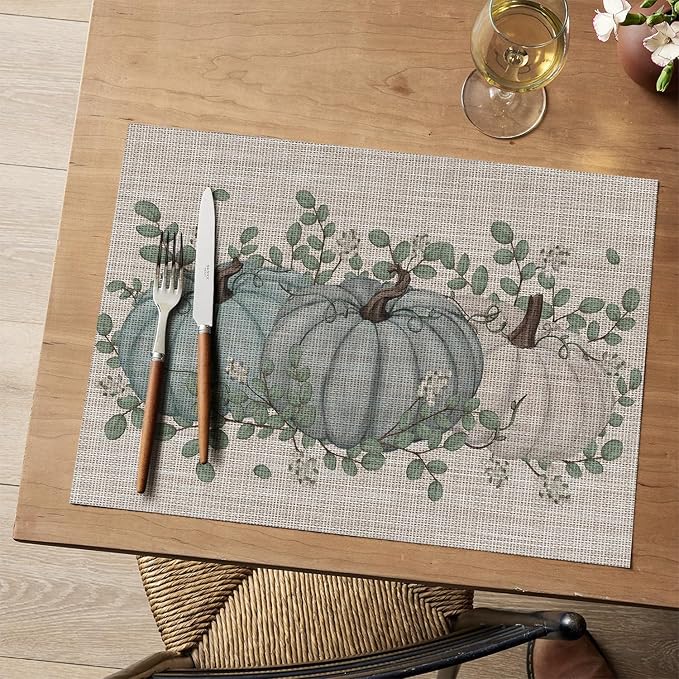Artoid Mode Pumpkin Leaves Fall Vinyl Placemats Set of 4, Wipeable Woven PVC Table Mats for Thanksgiving Farmhouse Holiday Party Kitchen Dining Decor