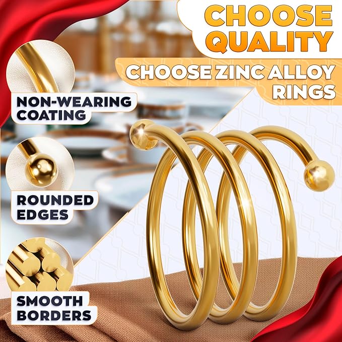 Gold Napkin Rings Set of 8 - Spring Napkin Rings with Elegant Spiral Design | Durable Metal & Shiny Gold Finish | Great for Weddings, Holidays & Everyday Use | Stylish Touch to Any Table Décor
