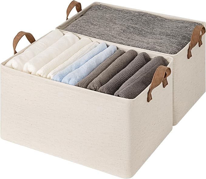 StorageWorks Storage Bins, Shelves Baskets for Organizing, 45L Extra Large Fabric Closet Organizers with Handles, Metal Frame, Beige(Cotton-linen), 2-Pack