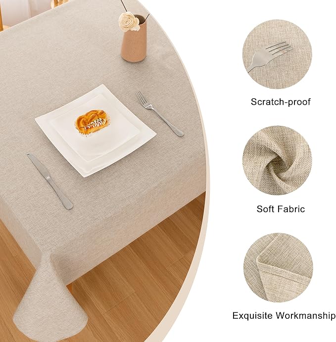 Hiasan Faux Linen Rectangle Tablecloth - Wrinkle and Stain Resistant Washable Table Cloth for Kitchen Dining Room Holiday Table Cover for Party Dinner, Beige, 90 x 156 Inch