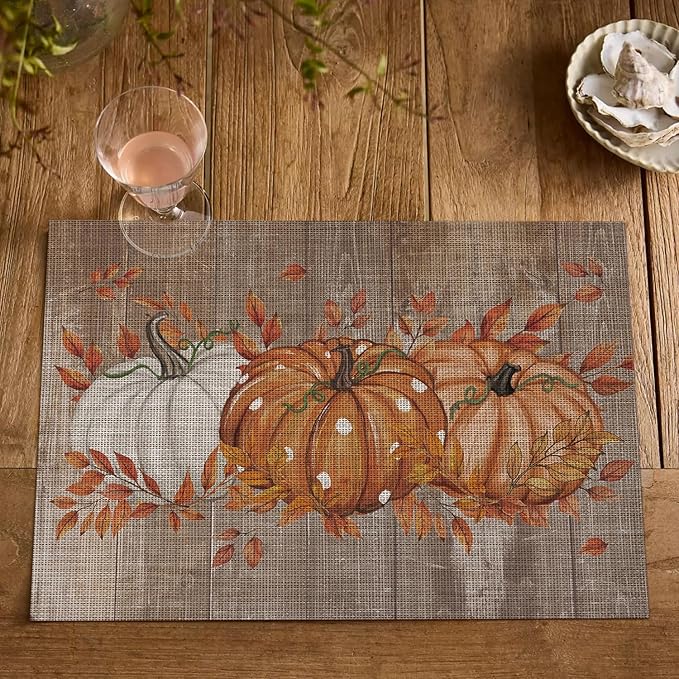 Artoid Mode Wood Pumpkin Leaves Fall Vinyl Placemats Set of 4, Wipeable Woven PVC Table Mats for Thanksgiving Farmhouse Party Kitchen Dining Decor
