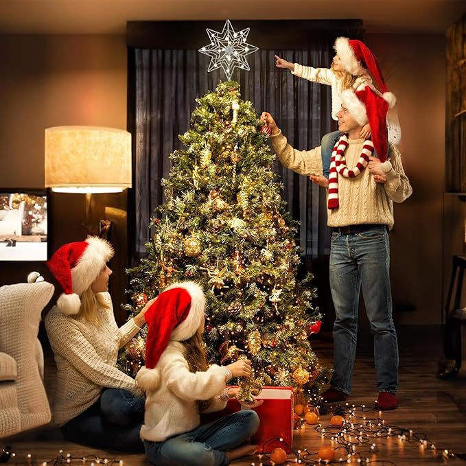 hogardeck Christmas Tree Topper, Glittered Silver 8-Pointed Star Tree Topper for Christmas Treetop, 20 LED Timer Sparkling Tree Toppers for Christmas Tree Decorations